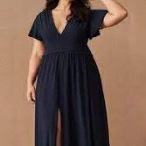 ✅ BHLDN ANTHRO MENDOZA Blue Short Sleeve V Neck Slit Front Maxi Dress Size 12